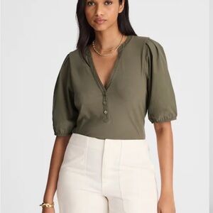 NWT Olive Green Women's Puff Sleeve Henley Knit Top